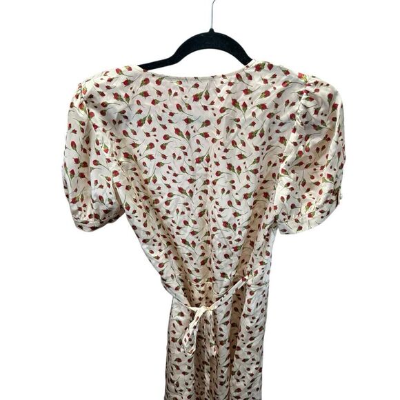 Reformation Cream Silk Mini Wrap Dress Rose Print Puff Sleeve V-Neck Size M - Picture 7 of 11
